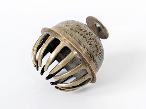 Vintage Solid Etched Brass Indian Elephant Claw Bell, Handcrafted Decorative Floral Table Bell