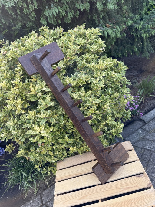 Vintage Wooden Coat Rack Brutalist Style