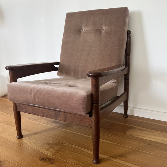 Vintage Eiken Fauteuil Met Gedraaide Poten – Mid-Century – Textile, Velvet (photo 4 of 6)