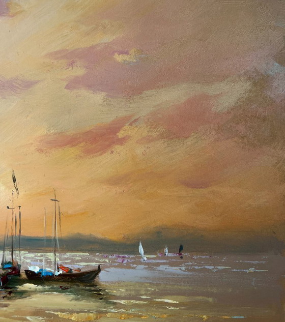 Image 1 of Original Oil Painting Evening City Landscape The flaming evening horizon