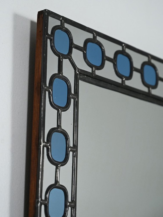 Image 1 of Scandinavian Mirror with light-blue leaded-glass frame