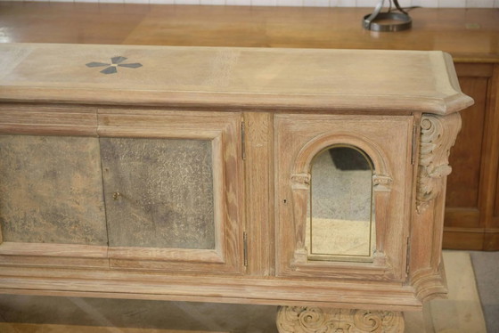 Large buffet with 4 doors in cerused oak, eglomisé mirror and 1950s leather. – Storage cabinet, Wood, Vintage (photo 7 of 16)