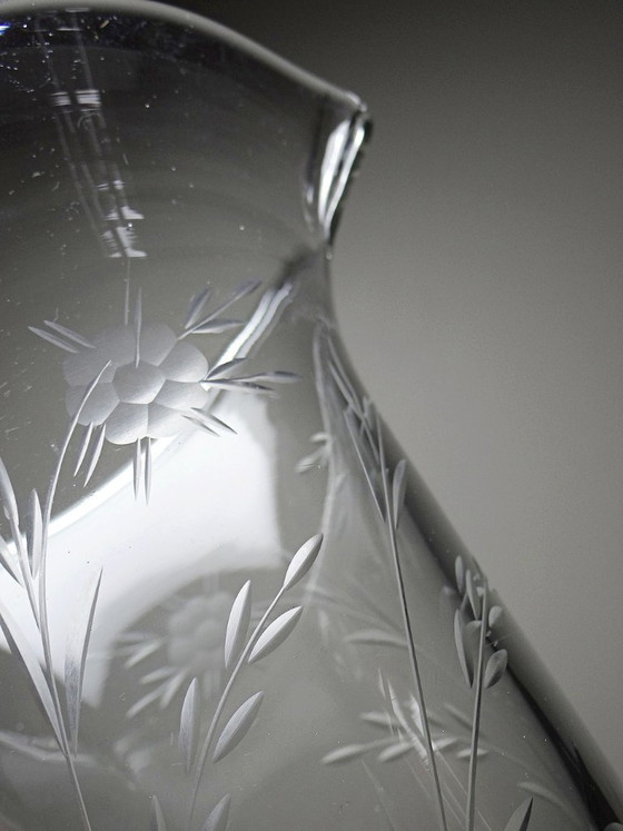 Image 1 of Antique wheel-engraved glass pitcher with vegetal decoration, Bohemia, early 20th century