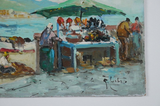 Image 1 of Small painting signed Guglielmo Curti. Oil on panel. Port market.