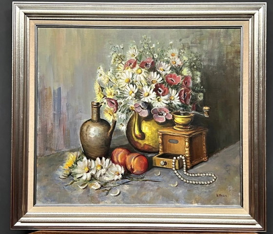 Stilleven met bloemen en parels, gesigneerd. – Schilderijen & Tekeningen, Canvas (photo 2 of 6)