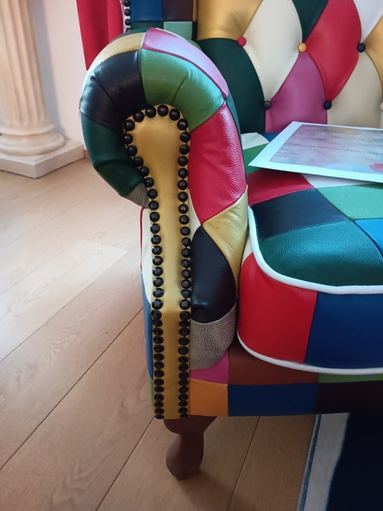 Image 1 of Chesterfield Fauteuil in Patchwork Leder Met Certificaat