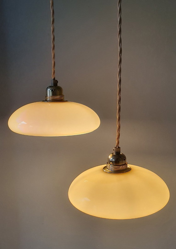 Image 1 of Vintage French pendant lamp set - of pastel yellow opaline glass.