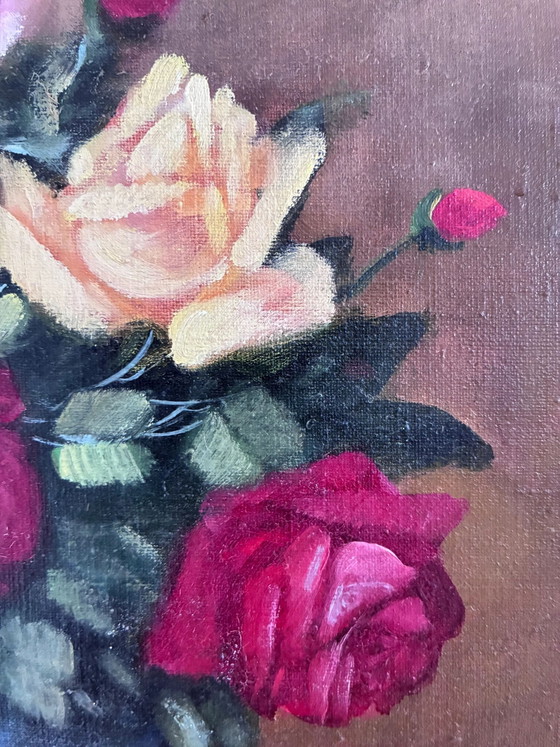 Image 1 of Peinture à l'huile originale vintage représentant des roses, signée.