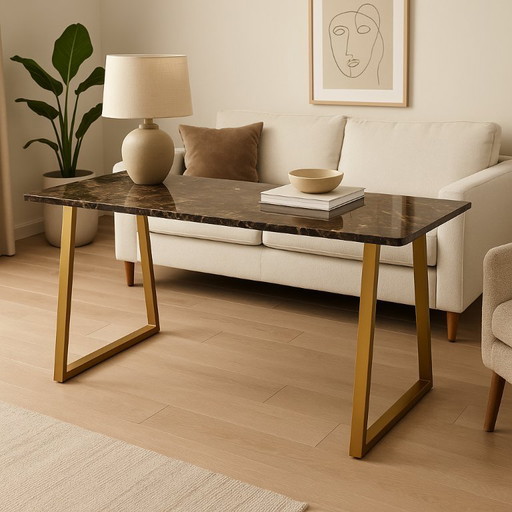 2 x Luxury Brown Marble Table with Gold Metal Legs – Premium Quality – Excellent Condition