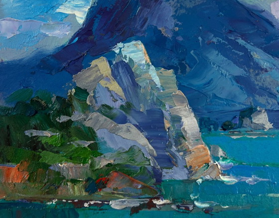 Image 1 of Original Oil Painting Summer Coastal Landscape The fusion of sea and mountains