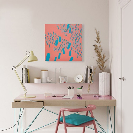 Image 1 of Dipinto originale, complementare rosso-turchese 008B, pezzo unico, 50x50cm su tela