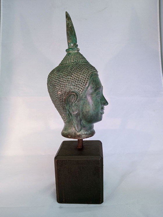 Sculptures Tête de Bouddha, Bronze sur Socle en Bois, Vert, Aziatisch (photo 5 sur 7)