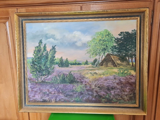 Atmospheric Lüneburg Heath painting with a beautiful frame by Ute Wieckhorst, 1978