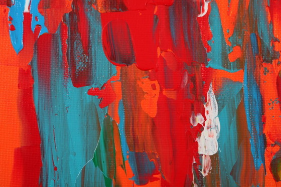 Image 1 of Abstract Red, Orange and Blue original painting on stretched canvas