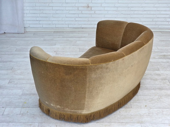 Image 1 of 1960s, Danish "Banana" 2-seater sofa, green furniture velour, oak wood.