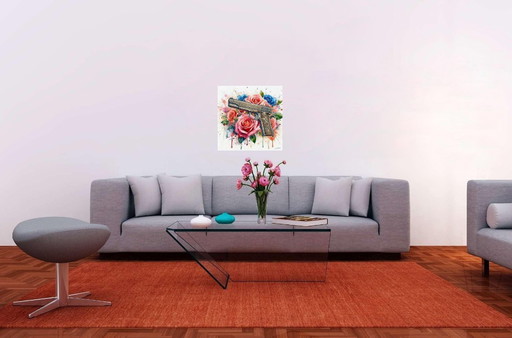 Watercolor painting on acrylic canvas / Guns and Roses / (60x60) cm