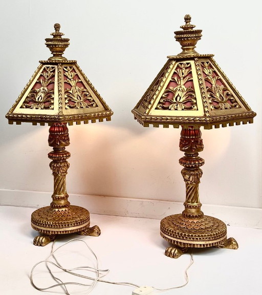 2x Italian Florentine gilded wood, midcentury table lamps, monumental! Dramatic!