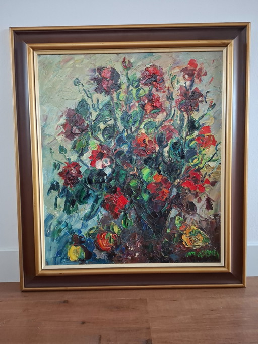Original Ölgemälde Jan Makkes – Farbenfrohes Blumenstillleben (Impasto)
