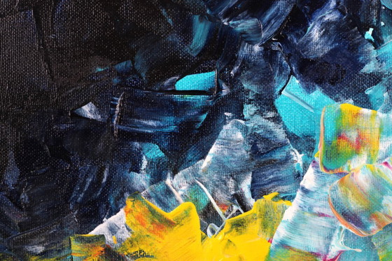 Image 1 of Acrylic painting on canvas in blue, pink, and yellow.