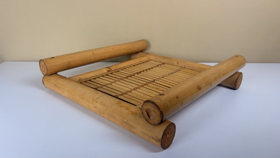 Grand plateau de service vintage en bambou fait main avec poignées et plateau tressé – Accessoires de table (photo 2 of 10)
