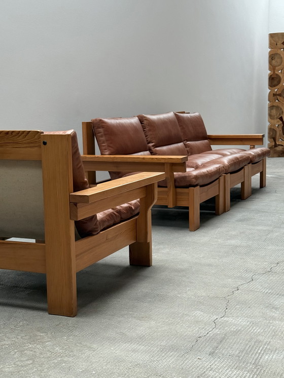 Image 1 of MODULAIRE STOEL SOFA SER PIEF HOUT MASSIEF COGNAC LEATHER IN KARIN MOBRING STIJL, SCANDINAVIA 1970