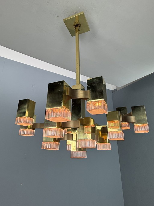 Lustre cubique Sciolari en laiton, édition rare, 17 lumières, Italie des années 1970