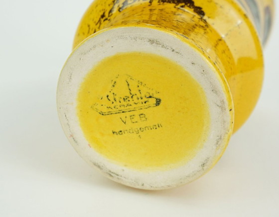 Image 1 of colorful hand-painted strehla gdr ceramic VASE yellow brown green polka dot pattern