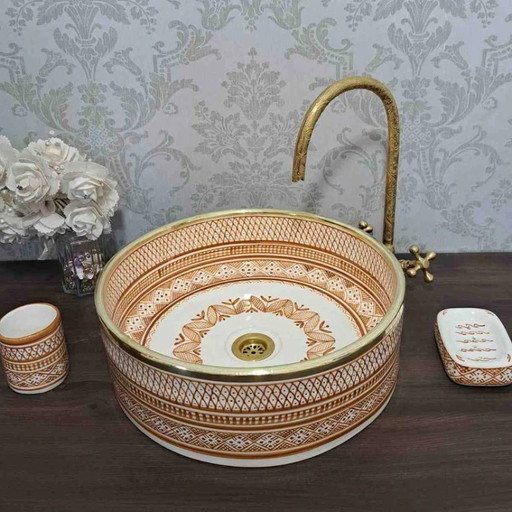 Moroccan washbasin with blue floral pattern and brass rim - countertop bathroom sink
