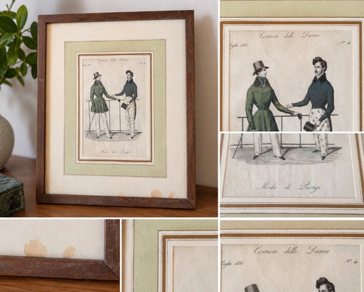 Antieke Handgekleurde Modeprent 1835 – Corriere Delle Dame – Ingelijst – lithos zeefdrukken, Glass, Paper (photo 2 of 5)