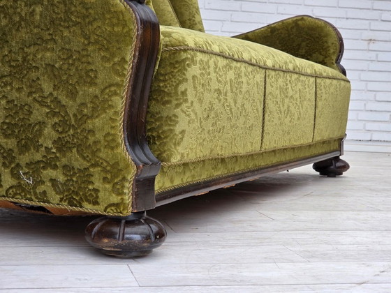 Image 1 of 1960s, Danish 3-seater sofa, furniture velour, carved oak wood.