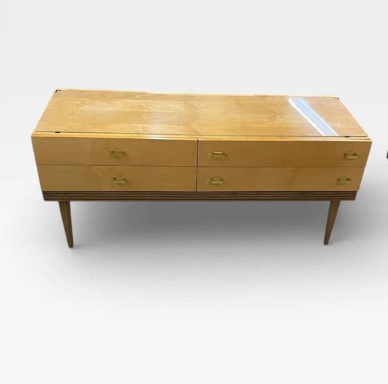 Coiffeuse / Commode Vintage Mid Century – Placage Érable – Poignées Laiton – Plateau Verre – Années 50/60 – (photo 2 of 17)
