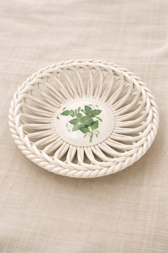 Image 1 of Vintage Herend Hungary Mini Basket Apponyi Green 7373 AV – New in Box