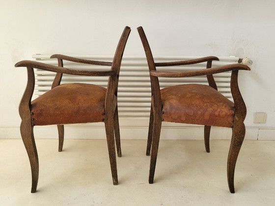 Image 1 of SUPERB PAIR OF VINTAGE ARMCHAIRS FROM THE 1940s AND 1950s IN LEATHER & OAK