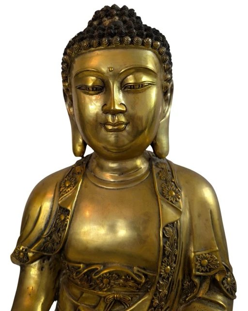 Grande Buddha in Bronzo Dorato a Fuoco – Stile Ming – Cina ca. 1930– kg) – Sculture, Bronze (photo 9 of 10)