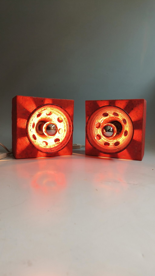 2 brutalist fat lava wester-germany 1970s pottery orange wall lamps