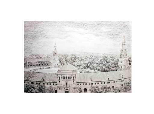 Picture of Plaza de España in Seville. Drawing of Plaza de España in Seville. Seville drawing. Seville painting.