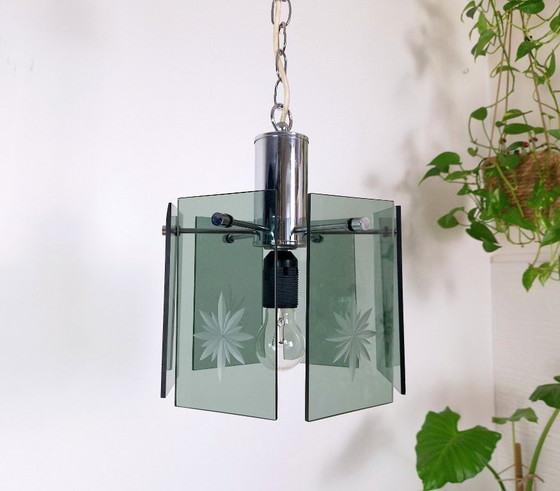 Image 1 of Mid-Century Modern Pendant Lamp, Made in Yugoslavia, EMI Poljčane, 1970s Modern Light, Green Smoked Glass, Space Age, Atomic Age
