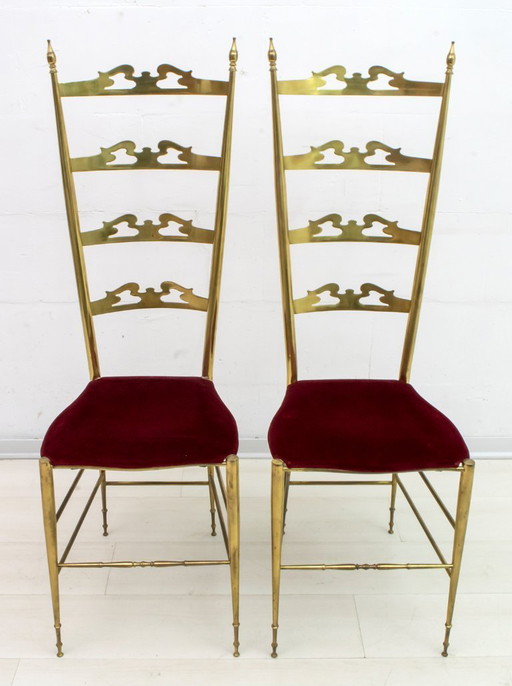 Pair of Mid-Century Modern Italian Brass High Back Chiavari Chairs, 1950s