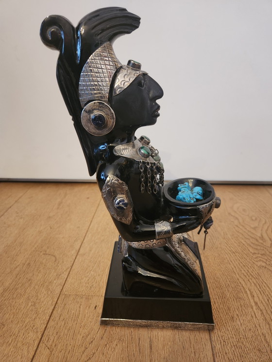 Image 1 of 2 large Mexican sculptures – Solid Obsidian & Alpaca/Silver with Turquoise inlay – 35 cm – Monumental weight: 8.8 kg!