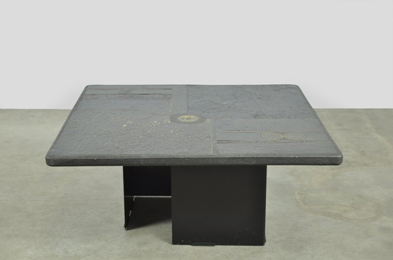 Image 1 of Table d'appoint vintage en pierre naturelle avec incrustation de BRONZE, Pays-Bas 1970