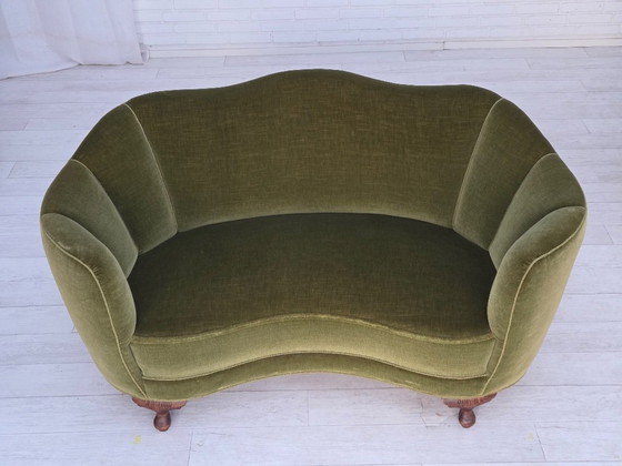 Image 1 of 1960s, Danish Curved 2-Seater Sofa, Green Furniture Velour, Oak Wood Legs
