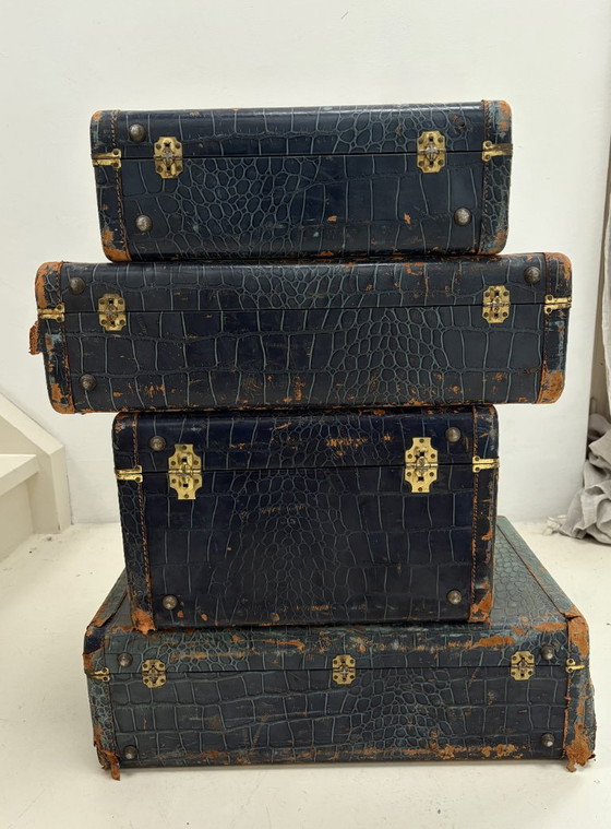 Set van vier vintage koffers met krokodillenprint, Hardy, Decoratieve objecten, Metaal, Leer, Blauw (foto 5 van 9)
