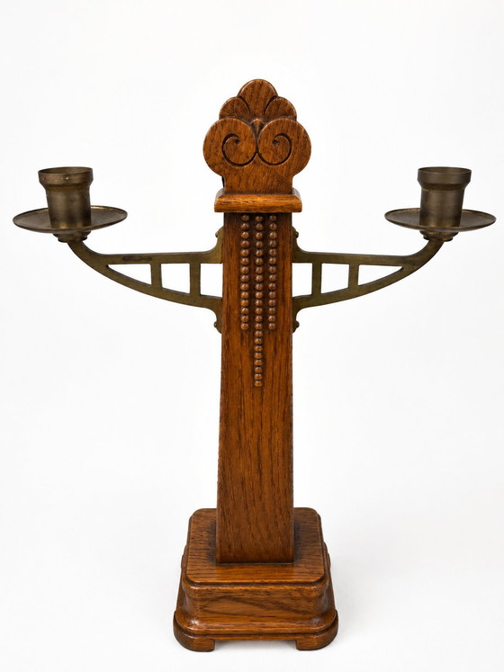 Image 1 of Art Deco Amsterdamse School eikenhouten kandelaars uit 1925 - Zeldzame jubileumset