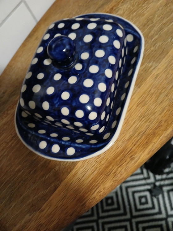 Image 1 of Butter dish Bunzlauer Keramik (also known as Polish Pottery), recognizable by the traditional blue and white dot pattern