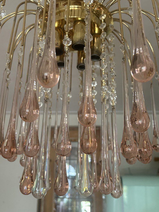 Image 1 of Large Vintage Teardrop Chandelier with Pink Murano Drops