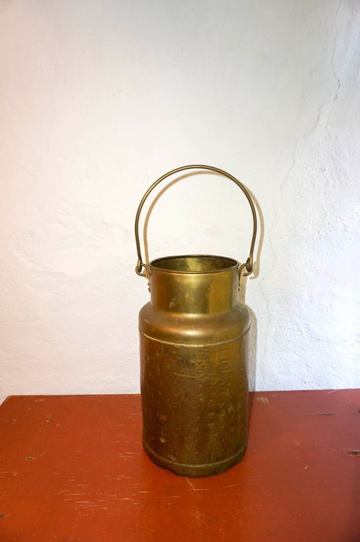 vintage brass milk can with handle * handmade metal churn jug * primitive country farmhouse decor * folk kitchen or garden vesse