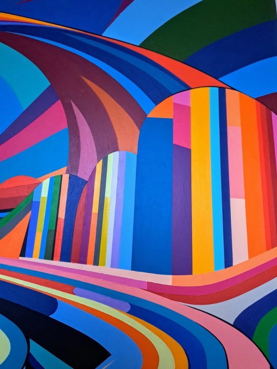 Image 1 of Lever du Soleil - dipinto astratto colorato di Franklin van Dam - Acrilico su MDF - 105 × 84 cm