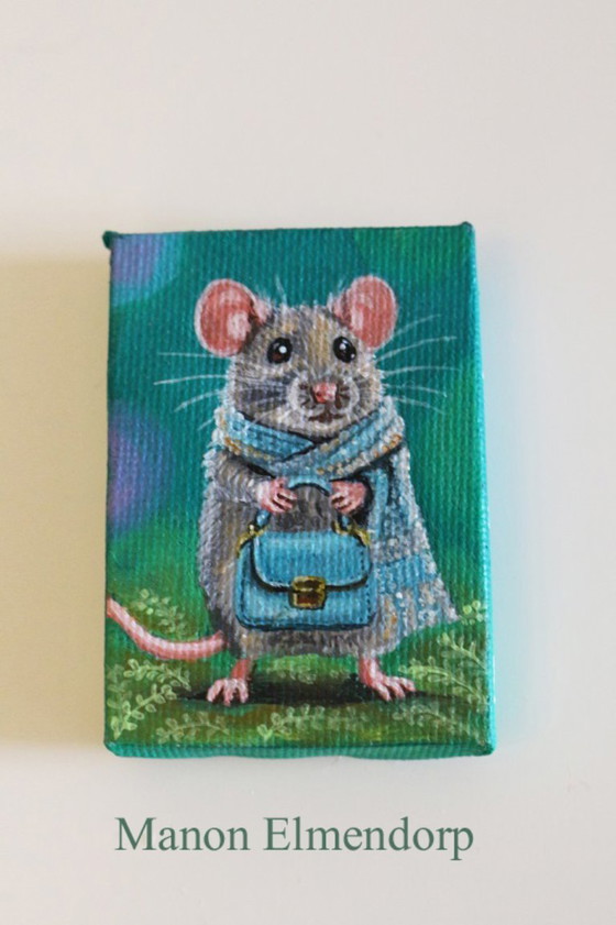 Image 1 of Unique Hand-Painted Little Mouse with Handbag Painting New