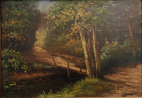 Image 1 of Tableau unique signé, pont dans la forêt. Avec cadre en bois.