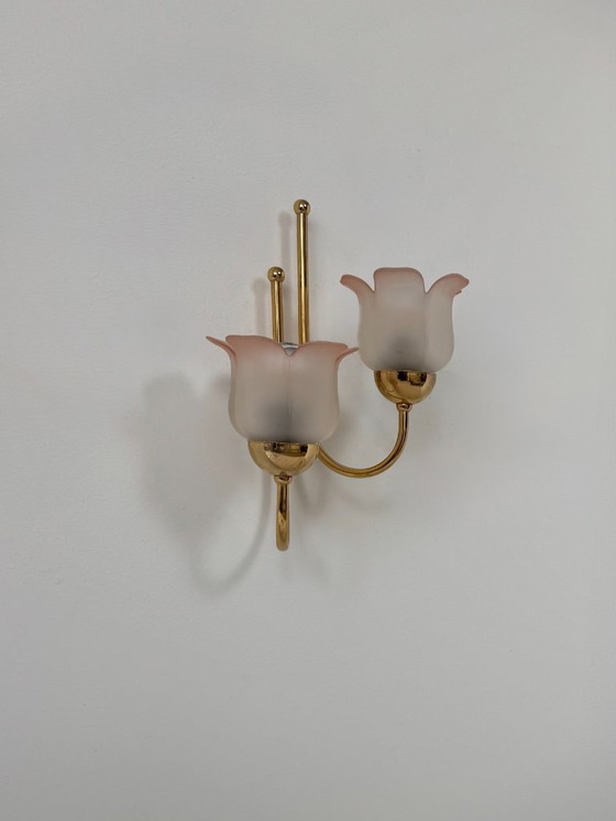 Image 1 of Vintage wall light, brass and pressed molded glass with a sandblasted pink finish, France, 1980